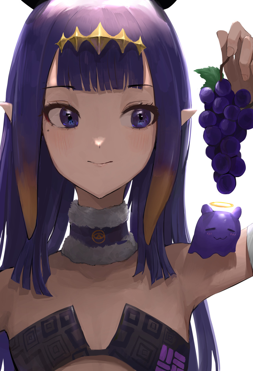 absurdres black_collar blunt_bangs blush chan1moon closed_mouth collar female flat_chest food fruit fur-trimmed_collar fur_trim gradient_hair grapes highres holding holding_food holding_fruit hololive hololive_english long_hair looking_to_the_side multicolored_hair ninomae_ina'nis ninomae_ina'nis_(1st_costume) orange_hair pointy_ears purple_eyes purple_hair sidelocks takodachi_(ninomae_ina'nis) tentacle_hair virtual_youtuber