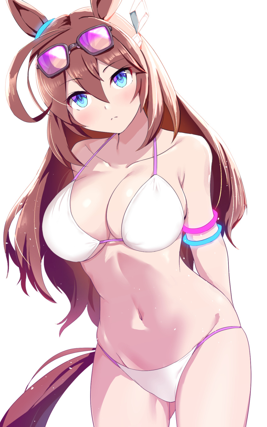 ahoge animal_ears arms_behind_back ass_visible_through_thighs bikini blank_stare blue_eyes breasts brown_hair cleavage closed_mouth collarbone commentary cowboy_shot ear_ornament expressionless eyewear_on_head female hair_between_eyes highres horse_ears horse_girl horse_tail large_breasts long_hair looking_at_viewer mihono_bourbon_(umamusume) navel simple_background solo sousakubito strap_gap sunglasses swimsuit tail umamusume white_background white_bikini