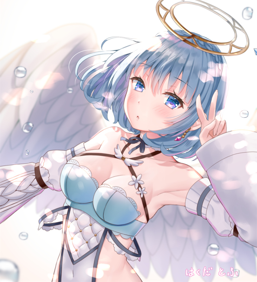 angel angel_wings arm_up armpits bare_shoulders blue_eyes blue_hair breasts choker cleavage clothing_cutout collarbone covered_navel criss-cross_halter detached_sleeves earrings feathered_wings female hakuda_tofu halo halterneck highres jewelry long_sleeves looking_at_viewer medium_breasts monster_collect parted_lips revealing_clothes short_hair side_cutout solo upper_body v wings