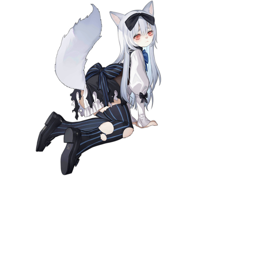 :< all_fours animal_ear_request animal_ears black_bow black_dress black_footwear black_thighhighs blue_thighhighs bow damaged dress female furrification furry furry_female girls'_frontline grey_hair haijin highres long_hair looking_at_viewer official_art red_eyes shoe_soles shoes simple_background solo striped_bow striped_clothes striped_thighhighs tail thighhighs tokarev_(girls'_frontline) tokarev_(snowfall_in_the_alley)_(girls'_frontline) torn_clothes torn_dress torn_thighhighs transparent_background vertical-striped_clothes vertical-striped_thighhighs white_sleeves zettai_ryouiki