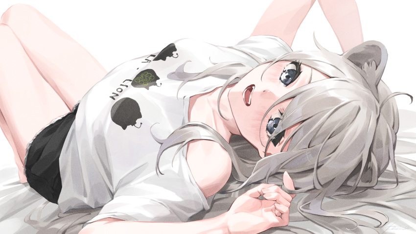 :d animal_ears bed_sheet black_eyes black_shorts female grey_hair highres hololive kanoe_(tatsukanoe) knees_up lion_ears long_hair looking_at_viewer lying off_shoulder official_alternate_costume official_alternate_hairstyle on_back on_bed print_shirt shirt shishiro_botan shishiro_botan_(casual) short_sleeves shorts simple_background smile solo virtual_youtuber white_background white_shirt