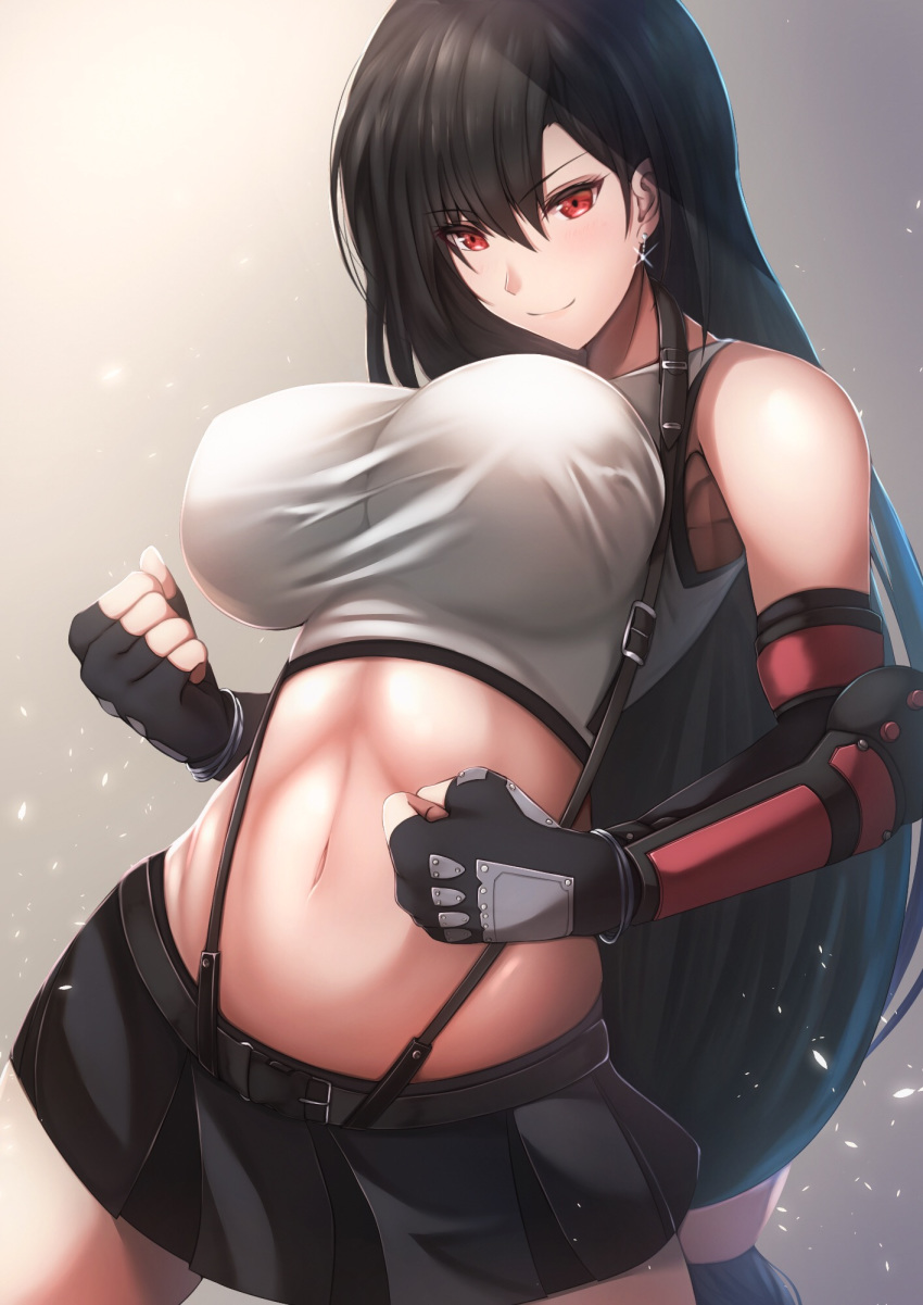 armpit_peek bare_shoulders belt black_belt black_hair black_skirt blush breasts clenched_hands commentary_request cowboy_shot crop_top earrings elbow_gloves female final_fantasy final_fantasy_vii final_fantasy_vii_remake fingerless_gloves gauntlets glint gloves gradient_background grey_background groin hair_between_eyes highres jewelry large_breasts long_hair looking_at_viewer low-tied_long_hair midriff miniskirt navel pleated_skirt red_eyes shirt skirt smile solo standing suspender_skirt suspenders tank_top taut_clothes taut_shirt tifa_lockhart tiri_man white_tank_top