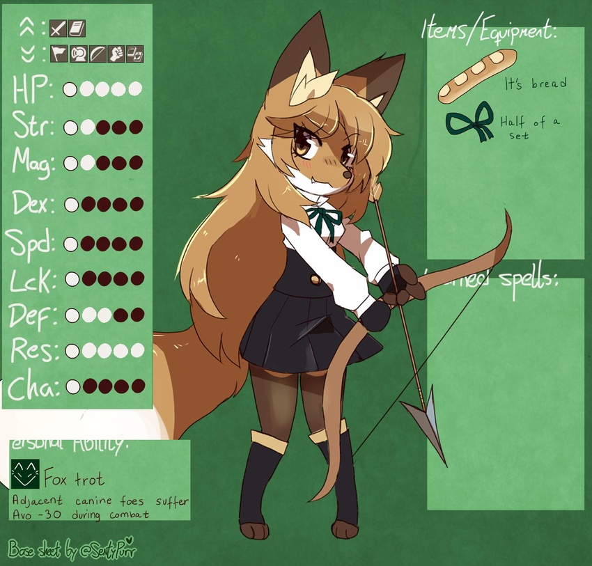 anthro averi_(fiddleafox) bottomwear bow_(weapon) brown_body brown_eyes brown_fur canid canine clothing dipstick_tail english_text female female_anthro fire_emblem fire_emblem_three_houses fox fur gloves_(marking) hair hi_res leg_markings mammal markings nintendo ranged_weapon red_fox sentypurr skirt socks_(marking) solo standing tail tail_markings text true_fox weapon white_body white_fur