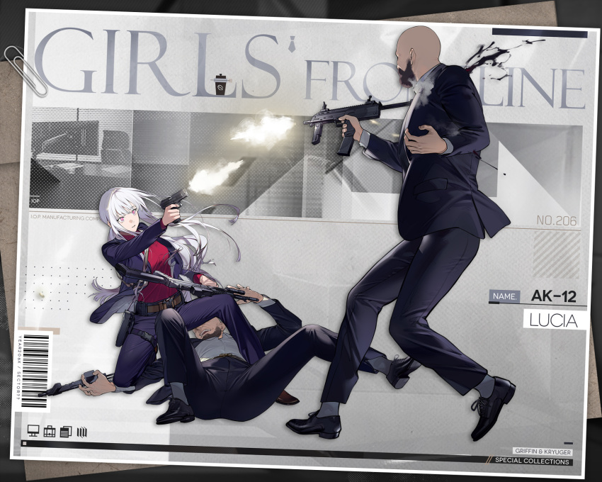 2boys ak-12 ak-12_(girls'_frontline) ak-12_(lucia)_(girls'_frontline) assault_rifle barcode beard belt black_footwear black_jacket black_pants blood brown_footwear buckle business_suit commentary duoyuanjun english_commentary facial_hair female fighting firing formal girls'_frontline grey_hair gun h&k_mp7 handgun henchmen highres holding holding_gun holding_weapon holster jacket kalashnikov_rifle long_hair long_sleeves looking_at_another mp-443_grach multiple_boys muzzle_flash necktie office_lady official_alternate_costume official_art on_one_knee open_hand open_mouth pants paperclip parted_lips pink_eyes promotional_art red_shirt rifle second-party_source shirt shoes snap-fit_buckle socks standing standing_on_one_leg submachine_gun suit sunglasses unusually_open_eyes very_long_hair weapon white_necktie white_socks