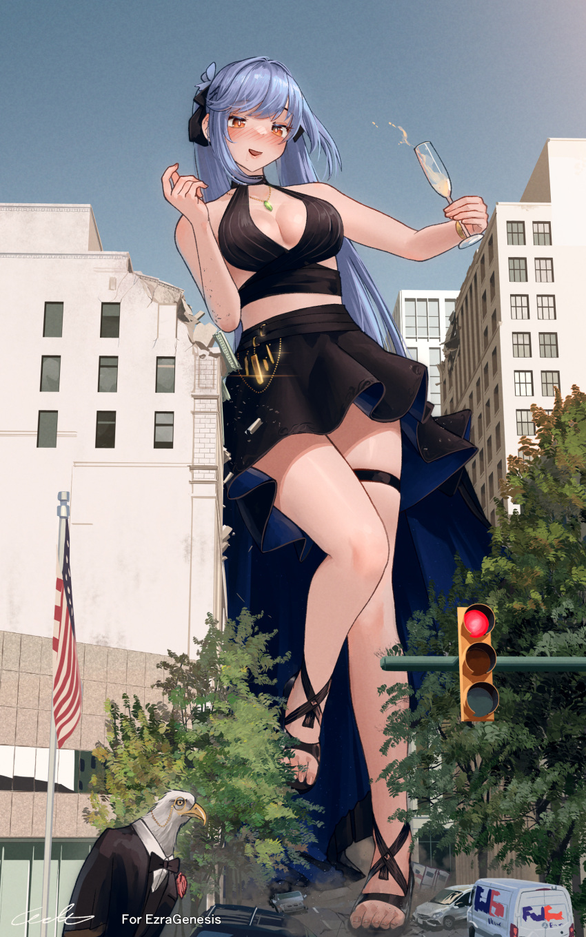 absurdres american_flag azur_lane bald_eagle bird black_dress black_skirt blue_hair breasts building car city cityscape cleavage_cutout clothing_cutout criss-cross_halter day destruction dress drunk eagle essex_(azur_lane) essex_(craft_fairytail)_(azur_lane) fedex feet female giant giantess halterneck highres jewelry large_breasts legs long_hair monocle motor_vehicle necklace official_alternate_costume open_mouth outdoors red_eyes sandals size_difference skirt solo strappy_heels thigh_strap toenails toes traffic_light van very_long_hair walking welt_(kinsei_koutenkyoku)