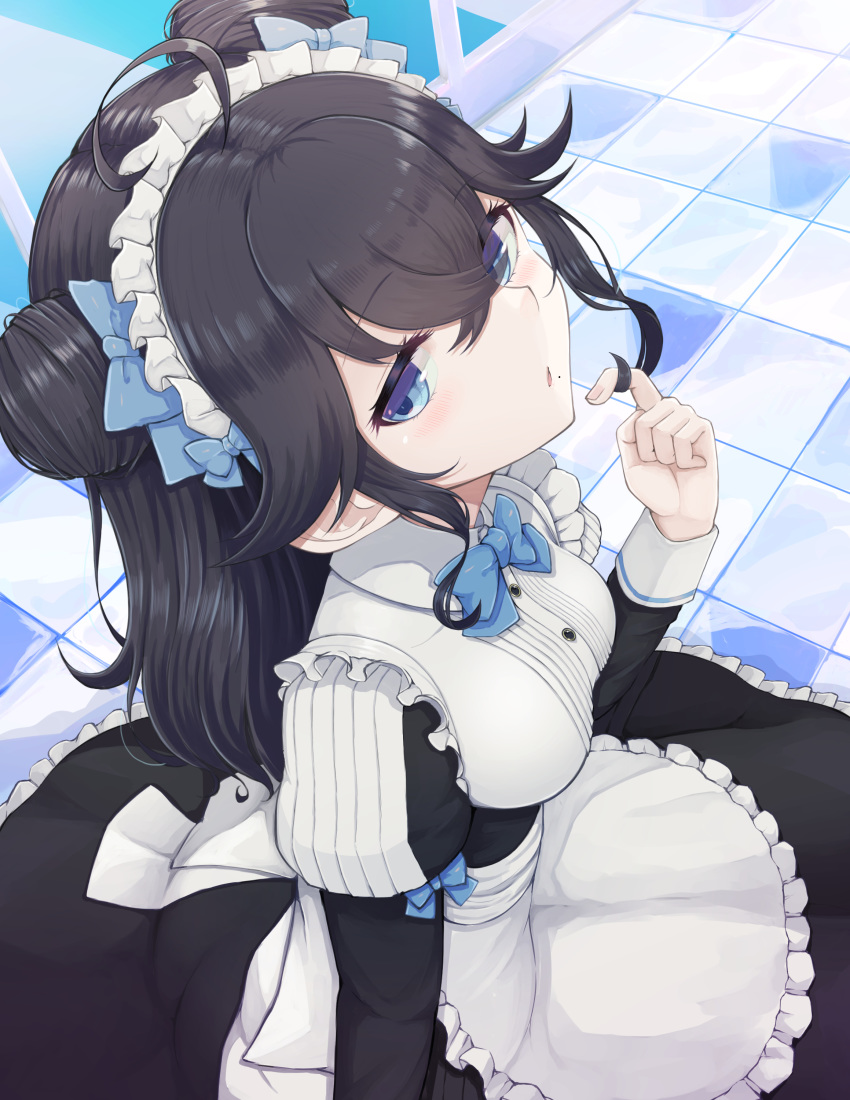 absurdres apron black_dress black_hair blue_bow blue_eyes blush bow breasts collared_dress commentary_request double_bun dress female frilled_apron frilled_dress frills hair_between_eyes hair_bun hairbow highres izumo_kasumi_(nijisanji) juliet_sleeves long_hair long_sleeves looking_at_viewer maid maid_headdress medium_breasts mole mole_under_mouth nijisanji parted_lips puffy_sleeves solo temari_rin tile_floor tiles twirling_hair very_long_hair virtual_youtuber waist_apron white_apron