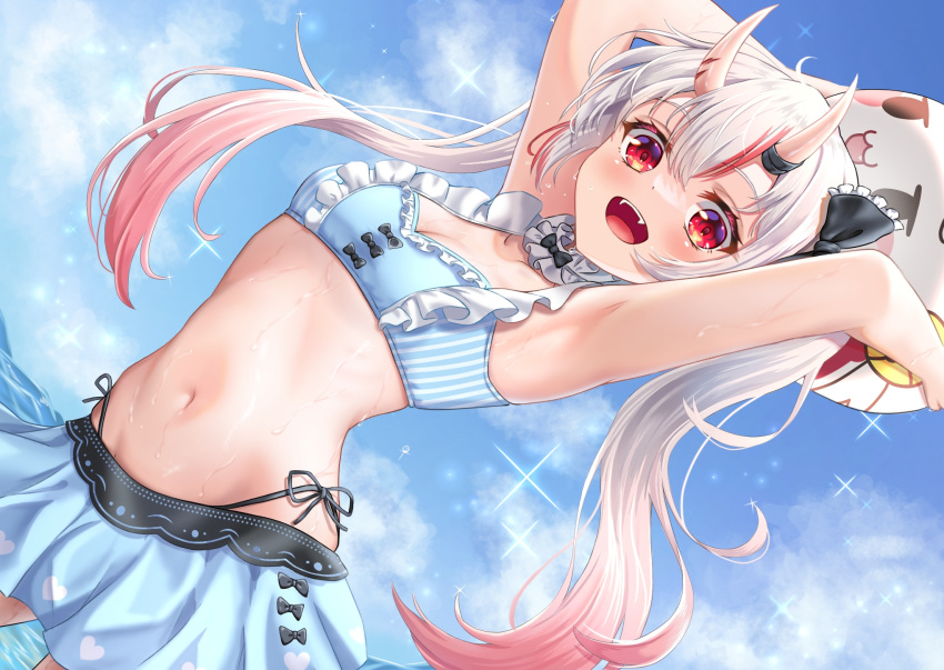 :d arms_up ball beachball bikini bikini_skirt black_bow blue_bikini blue_sky blush bow breasts cleavage cloud day fangs female frilled_bikini frills gradient_hair hair_between_eyes hairbow highres hololive horns kotone_neruneru long_hair looking_at_viewer multicolored_hair nakiri_ayame nakiri_ayame_(hololive_summer_2019) navel oni open_mouth outdoors red_eyes red_hair side-tie_bikini_bottom skin-covered_horns sky small_breasts smile solo streaked_hair swimsuit twintails virtual_youtuber water wet white_hair