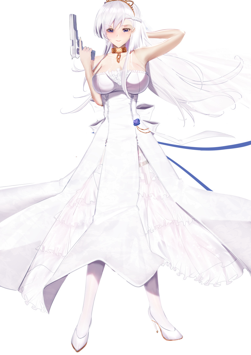 absurdres azur_lane bad_id bad_pixiv_id bare_shoulders belfast_(azur_lane) belfast_(the_pledge_of_claddagh)_(azur_lane) braid breasts bridal_veil cleavage commentary desert_eagle dress female french_braid full_body gosama gun handgun high_heels highres holding holding_gun holding_weapon large_breasts long_hair m1911 official_alternate_costume shoes simple_background solo strapless strapless_dress thighhighs transparent_background veil weapon wedding_dress white_dress white_footwear white_thighhighs