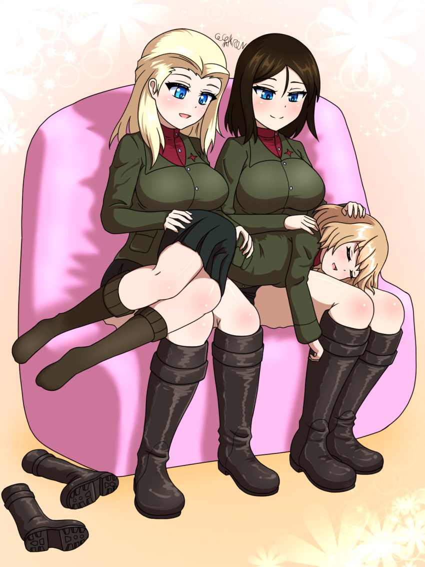 3girls bad_id bad_pixiv_id black_hair blonde_hair blue_eyes blush boots breasts clara_(girls_und_panzer) closed_eyes closed_mouth cocoa_maroon girls_und_panzer highres katyusha_(girls_und_panzer) lap_pillow large_breasts looking_at_another military military_uniform multiple_girls nonna_(girls_und_panzer) open_mouth pravda_school_uniform school_uniform shiny_skin short_hair sleeping small_breasts smile uniform unworn_boots yuri