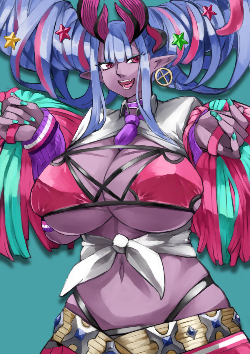 absurdres belt bikini blue_hair breasts choker cleavage collared_shirt colored_skin detached_sleeves double_bun earrings fate/grand_order fate_(series) female grey_skin gumi_(the_eye_of_darkness) hair_between_eyes hair_bun hair_ornament highres hoop_earrings horns huge_breasts ibuki_douji_(fate) ibuki_douji_(swimsuit_berserker)_(fate) ibuki_douji_(swimsuit_berserker)_(second_ascension)_(fate) jewelry long_hair looking_to_the_side multicolored_hair navel necktie oni open_mouth pink_bikini pink_hair pink_skirt pointy_ears pom_pom_(cheerleading) red_eyes shirt short_sleeves sidelocks skirt smile solo star_(symbol) star_hair_ornament swimsuit tied_shirt white_shirt