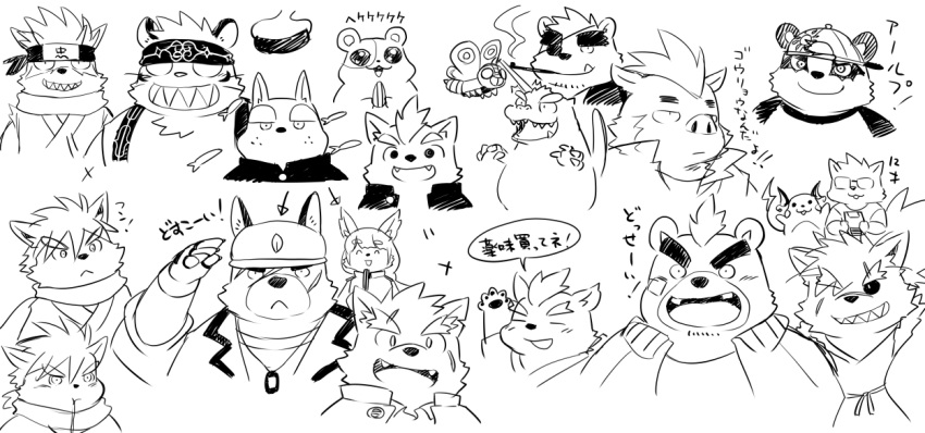 2020 alp_(tas) anthro ashigara_(tas) bear belly benkei_(the_spicy_ninja_scrolls) canid canine canis closed_eyes clothing cute_fangs domestic_dog eye_patch eyewear felid fukami_youhei ganglie_(tas) generation_1_pokemon giant_panda glasses godzilla godzilla_(series) gouki_(the_spicy_ninja_scrolls) group hat headgear headwear humanoid_hands japanese_text kemono kinoshita-jiroh lifewonders male mammal mekko_rarekko monochrome monster moritaka_(tas) mothra mothra_(series) nintendo overweight overweight_male pantherine pokemon pokemon_(species) raichu robe scar scarf shino_(tas) shirt simple_background smoking suid suina sus_(pig) tadatomo_(tas) tanetomo_(tas) teeth text text_on_clothing text_on_headwear the_spicy_ninja_scrolls tiger toho tokyo_afterschool_summoners topwear white_background wild_boar wolf world_cell yamato_(world_cell) yasuyori_(tas)