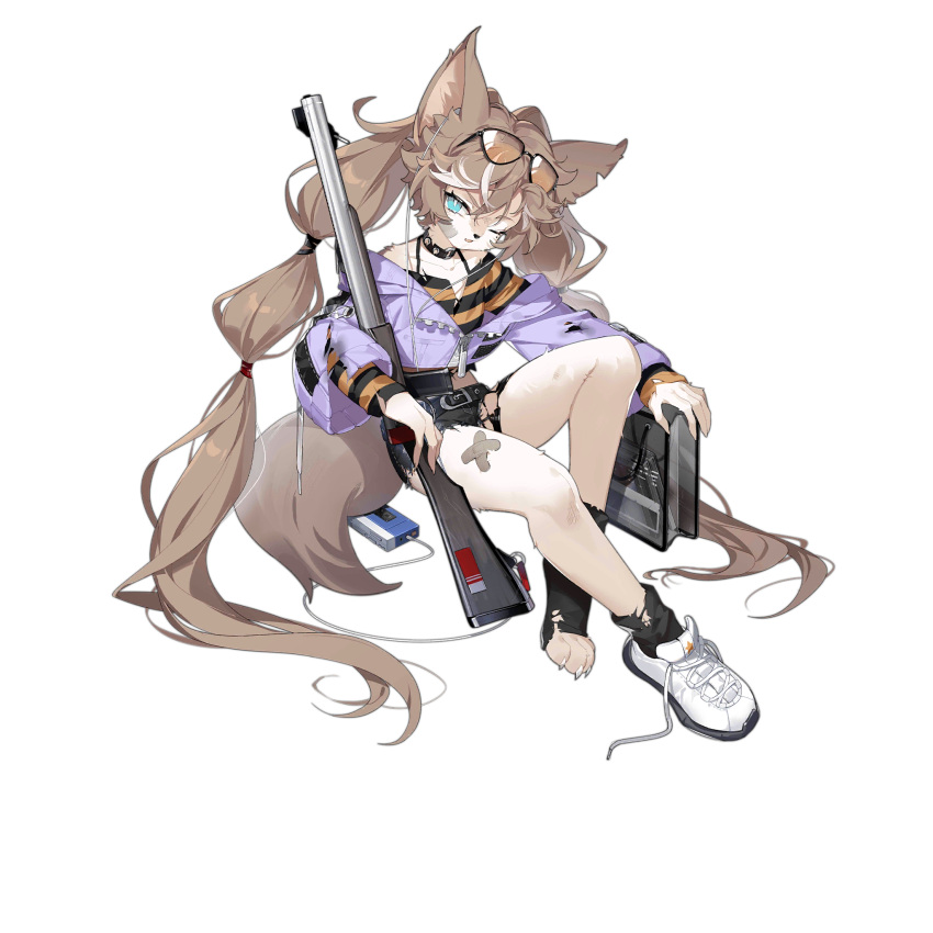 animal_ears animal_feet animal_nose bag bandaid bandaid_on_leg belt black_belt black_collar black_shirt black_shorts black_socks blue_eyes brown_hair collar collarbone colored_shoe_soles cropped_jacket crossed_bandaids damaged de_lisle_(coyote_blues)_(girls'_frontline) de_lisle_(girls'_frontline) de_lisle_carbine digital_media_player earbuds earphones eyewear_on_head female full_body furrification furry furry_female game_cg girls'_frontline gun hair_between_eyes highres holding holding_gun holding_weapon jacket knee_up long_hair looking_at_viewer micro_shorts midriff mole mole_under_eye multicolored_hair navel official_art one_eye_closed purple_jacket shirt shoes shopping_bag shorts shoulder_bag simple_background sitting socks solo streaked_hair striped_clothes striped_shirt sunglasses tail torn_clothes torn_jacket torn_shorts torn_socks transparent_background unagi_(nakaelric) untied_footwear very_long_hair weapon white_footwear white_hair wolf_ears wolf_girl wolf_tail zipper_pull_tab