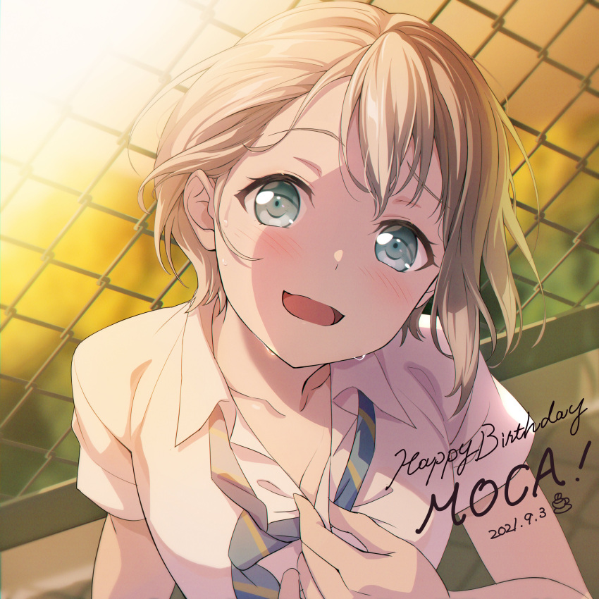 :d absurdres aoba_moca asymmetrical_bangs bang_dream! blue_eyes blue_necktie blush breasts chain-link_fence character_name cleavage collarbone collared_shirt dated english_text female fence from_above grey_hair hair_behind_ear happy_birthday head_tilt highres hot looking_at_viewer loose_necktie medium_breasts necktie nobusawa_osamu official_art open_collar open_mouth partially_unbuttoned shadow shirt short_hair short_sleeves smile solo striped striped_necktie sweat unbuttoning upper_body white_shirt wing_collar