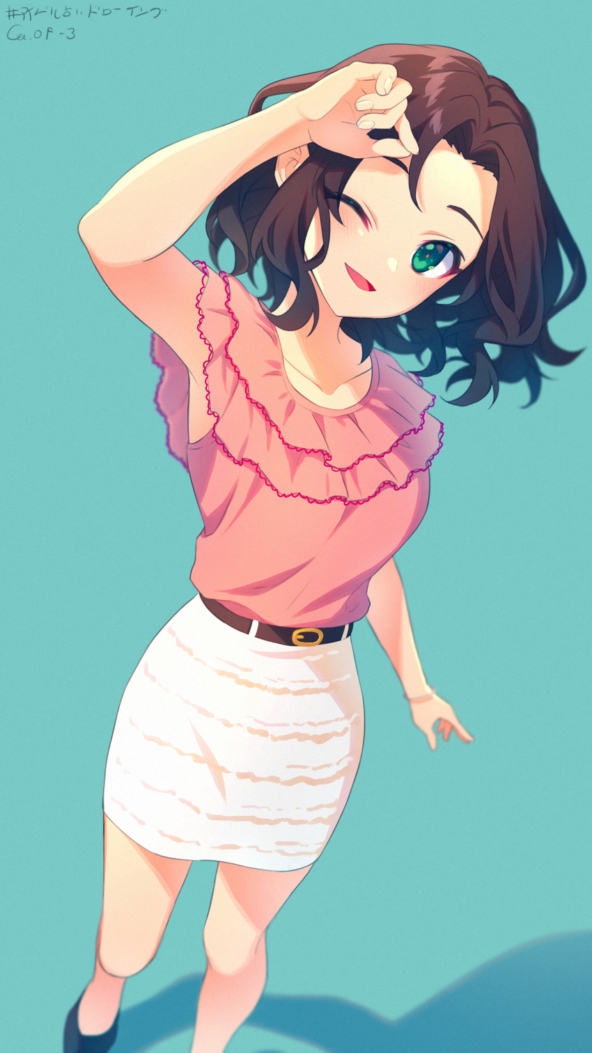 3yniaruk ;d absurdres arm_up armpits bare_legs belt_buckle blue_background blush breasts brown_hair buckle collarbone female forehead highres idolmaster idolmaster_cinderella_girls looking_at_viewer medium_breasts one_eye_closed pink_shirt shirt shirt_tucked_in simple_background skirt smile solo soma_natsumi white_skirt