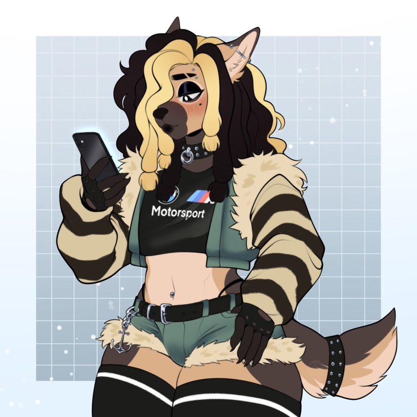 1:1 accessory anthro black_hair blonde_highlights blush bottomwear brown_body brown_fur bulge canid canine canis cellphone clothing collar cozygh0st crop_top cropped_jacket cutoffs daisy_dukes denim denim_bottomwear denim_clothing devin_(yungyiff) digital_media_(artwork) domestic_dog dreadlocks ear_piercing electronics eyebrow_piercing facial_piercing femboy fingerless_gloves fur furgonomics german_shepherd glistening_eyelids gloves hair hair_over_eye half-closed_eyes handwear herding_dog hi_res highlights_(coloring) hotpants industrial_piercing legwear lidded_eyes lips male mammal narrowed_eyes navel navel_piercing one_eye_obstructed pastoral_dog phone piercing shirt shorts smartphone solo stockings studded_collar studded_tailband studs tail tail_accessory tailband tan_body tan_fur thick_bottom_lip thigh_highs topwear