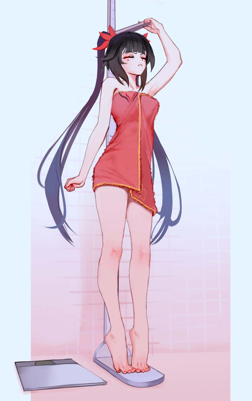 absurdres arm_at_side bare_legs barefoot bathroom bow brown_hair closed_eyes closed_mouth eyeliner facing_ahead feet female frown hairbow highres honkai:_star_rail honkai_(series) legs legs_apart long_hair makeup measuring nail_polish naked_towel qweeliart red_bow red_eyeliner red_nails red_towel solo sparkle_(honkai:_star_rail) stadiometer thighs tile_wall tiles tiptoes toenail_polish toenails toes towel twintails very_long_hair weighing_scale