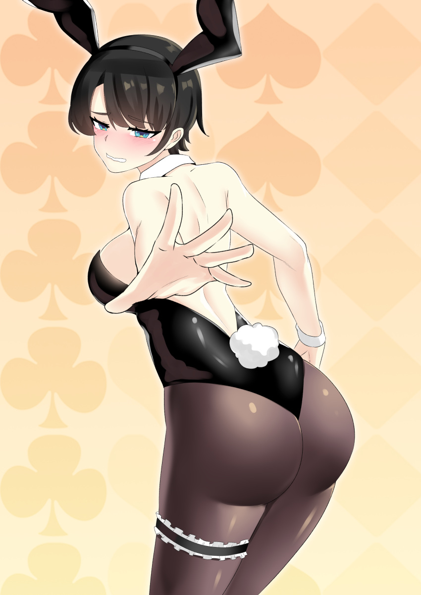 absurdres animal_ears ass back bare_shoulders black_hair blue_eyes blush breasts fake_animal_ears fake_tail female highres hololive kuroeart looking_at_viewer oozora_subaru pantyhose playboy_bunny rabbit_ears rabbit_tail short_hair solo tail virtual_youtuber wrist_cuffs