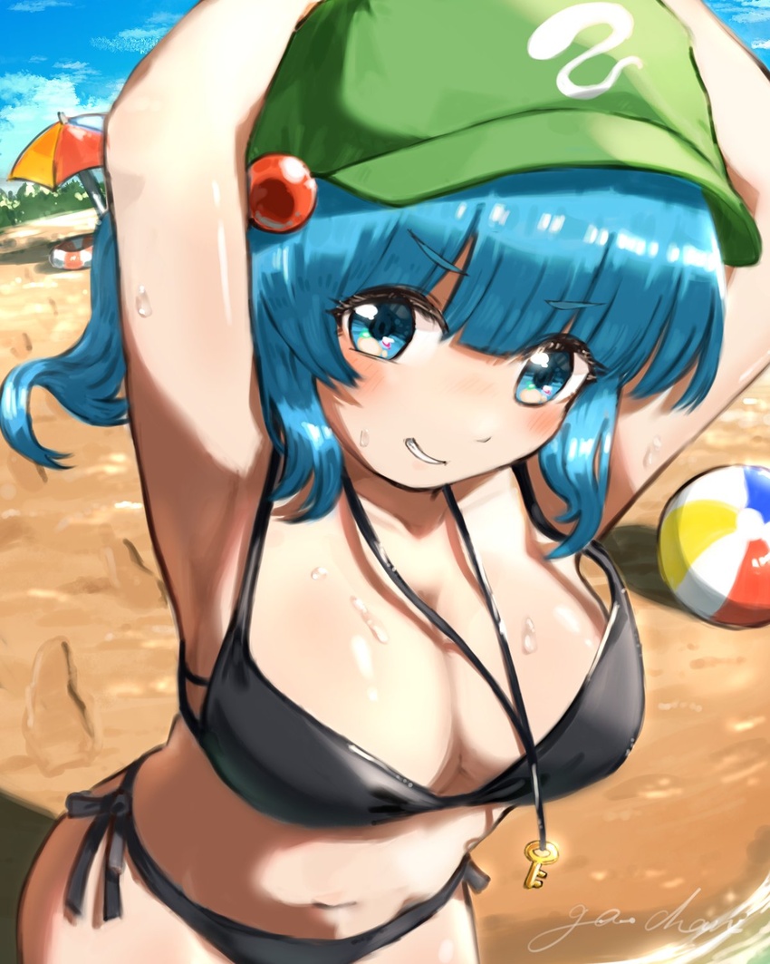 arms_up ball beach beachball bikini black_bikini blue_eyes blue_hair breasts cleavage commentary female flat_cap ga-chan24 green_hat hair_bobbles hair_ornament halterneck hat highres kawashiro_nitori key large_breasts looking_at_viewer navel outdoors parasol side-tie_bikini_bottom solo string_bikini swimsuit touhou two_side_up umbrella