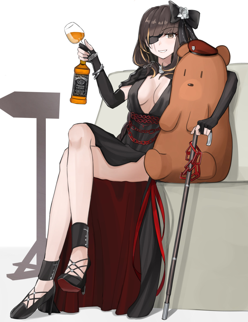 absurdres arm_on_another's_shoulder black_dress breasts brown_eyes brown_hair cane commander_(girls'_frontline) crossed_legs cup dress drinking_glass evening_gown female gamryous girls'_frontline high_heels highres jack_daniel's long_hair looking_at_viewer m16a1_(blazer_of_the_trail)_(girls'_frontline) m16a1_(girls'_frontline) mole mole_under_eye multicolored_hair non-human_commander_(girls'_frontline) scar sitting solo wine_glass