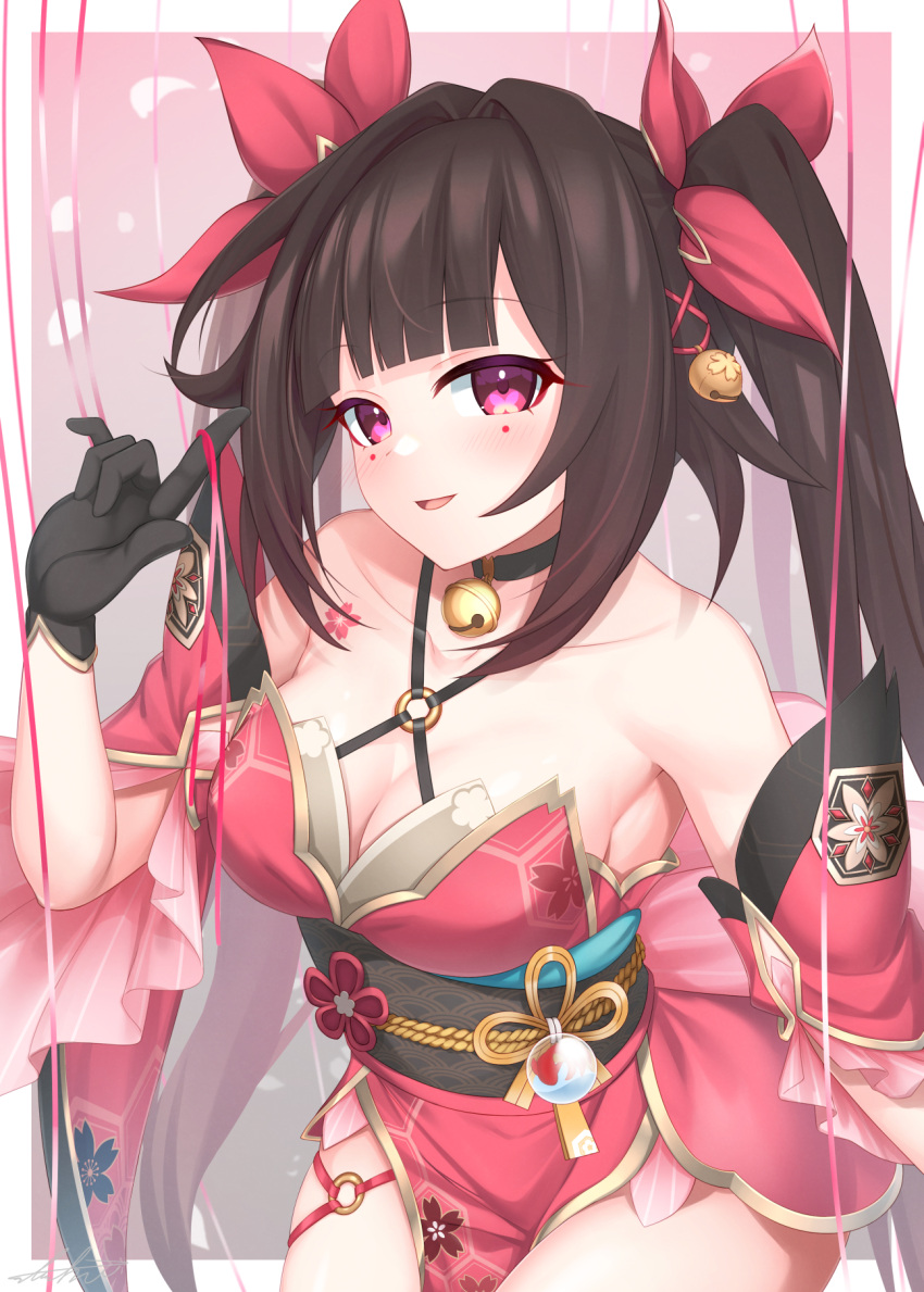 :d arm_at_side bananatsukis bell black_choker black_gloves blush border bow breasts brown_hair choker cleavage cowboy_shot dress female gloves gradient_hair hairbow hand_up highres honkai:_star_rail honkai_(series) large_breasts legs_together long_bangs looking_at_viewer multicolored_hair neck_bell o-ring open_mouth outside_border pelvic_curtain pink_eyes red_bow red_dress red_hair short_dress sidelocks sleeveless sleeveless_dress smile solo sparkle_(honkai:_star_rail) thick_thighs thighs twintails white_border