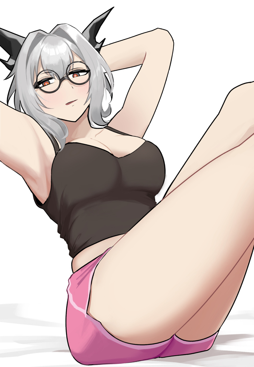 absurdres arknights armpits arms_up bare_arms bare_shoulders breasts camisole cleavage commentary female grey_hair hair_intakes highres horns large_breasts midriff_peek pink_shorts red_eyes short_hair short_shorts shorts sitting solo spaghetti_strap talulah_(arknights) thighs tofudofu