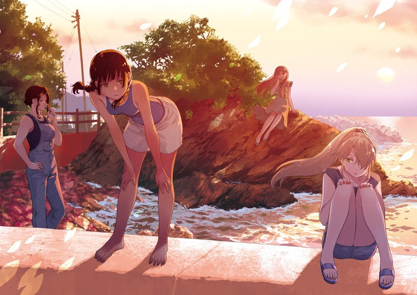 4girls black_hair blonde_hair blue_overalls blue_shirt character_request chigawa_kon dress evening full_body furuka_hitoto hattori_mitsuru highres kaijuu_iro_no_shima leaning_forward multiple_girls ocean outdoors overalls rock sandals shirt shore sitting sky standing white_dress