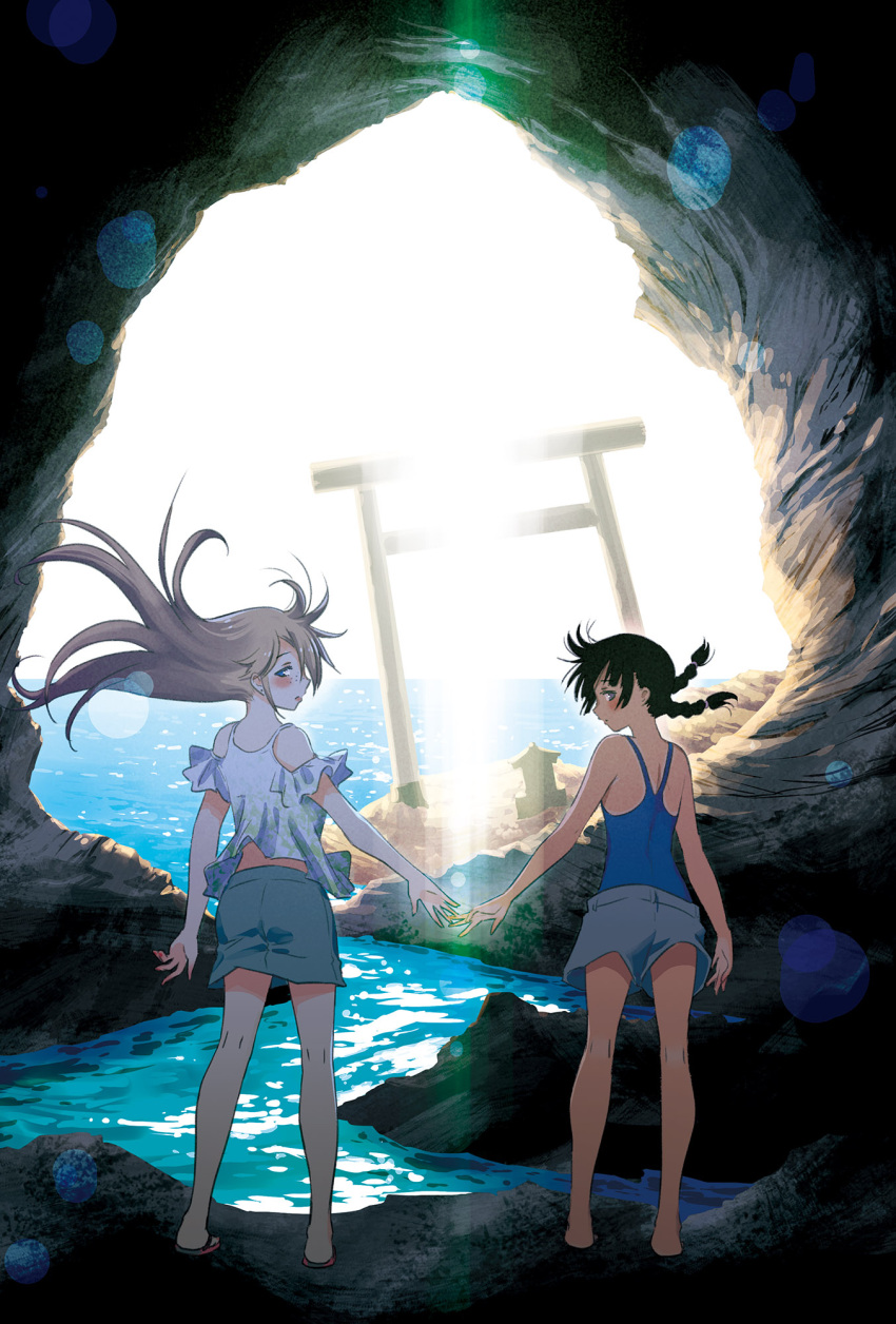 2girls bare_shoulders barefoot blue_one-piece_swimsuit blue_shorts blush braid cave chigawa_kon competition_school_swimsuit dress flip-flops from_behind full_body furuka_hitoto hattori_mitsuru highres kaijuu_iro_no_shima kneepits lens_flare long_hair looking_at_viewer looking_back multiple_girls ocean one-piece_swimsuit outdoors parted_lips profile reaching_towards_another sandals school_swimsuit short_hair shorts standing sun swimsuit swimsuit_under_clothes torii twin_braids white_dress