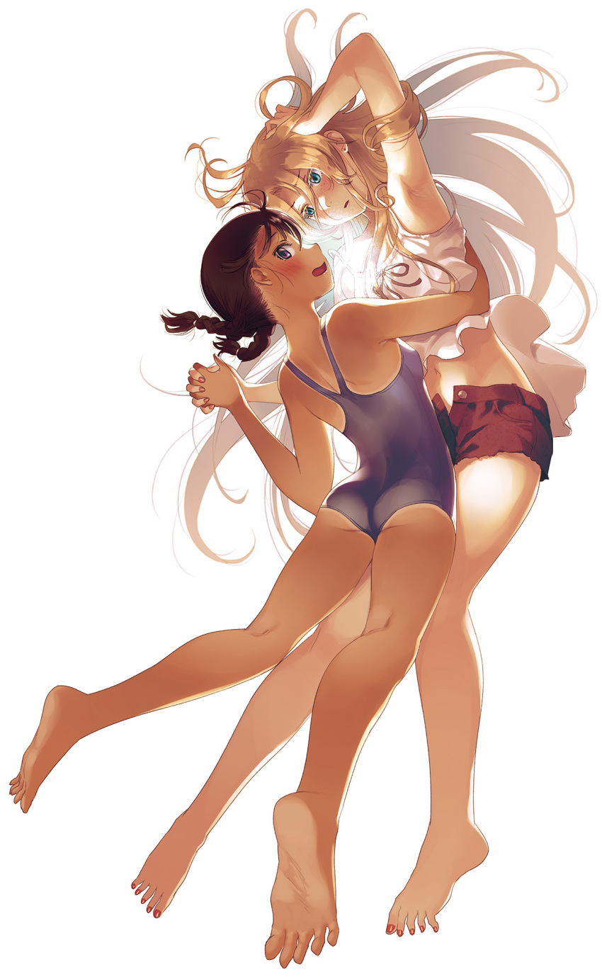 2girls aqua_eyes armpits ass bare_arms bare_legs bare_shoulders barefoot black_hair blonde_hair braid cellphone chigawa_kon competition_school_swimsuit cropped_shirt feet from_side furuka_hitoto hand_in_own_hair hattori_mitsuru highres holding_hands hug kaijuu_iro_no_shima legs long_hair looking_at_another looking_at_viewer looking_back multiple_girls nail_polish navel one-piece_swimsuit open_fly open_mouth phone purple_eyes red_nails red_shorts school_swimsuit shirt short_hair shorts simple_background smartphone soles swimsuit toenail_polish toenails toes twin_braids white_background white_shirt yuri