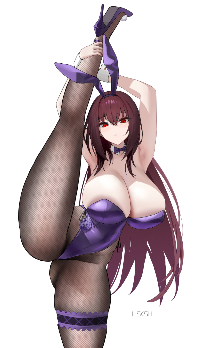 absurdres animal_ears bare_shoulders breasts cleavage detached_collar fake_animal_ears fate/grand_order fate_(series) female fishnet_pantyhose fishnets hair_between_eyes high_heels highleg highleg_leotard highres ilsksh large_breasts leg_up leotard long_hair looking_at_viewer pantyhose playboy_bunny purple_hair purple_leotard rabbit_ears red_eyes scathach_(fate) scathach_(piercing_bunny)_(fate) solo split standing standing_on_one_leg standing_split thighs wrist_cuffs