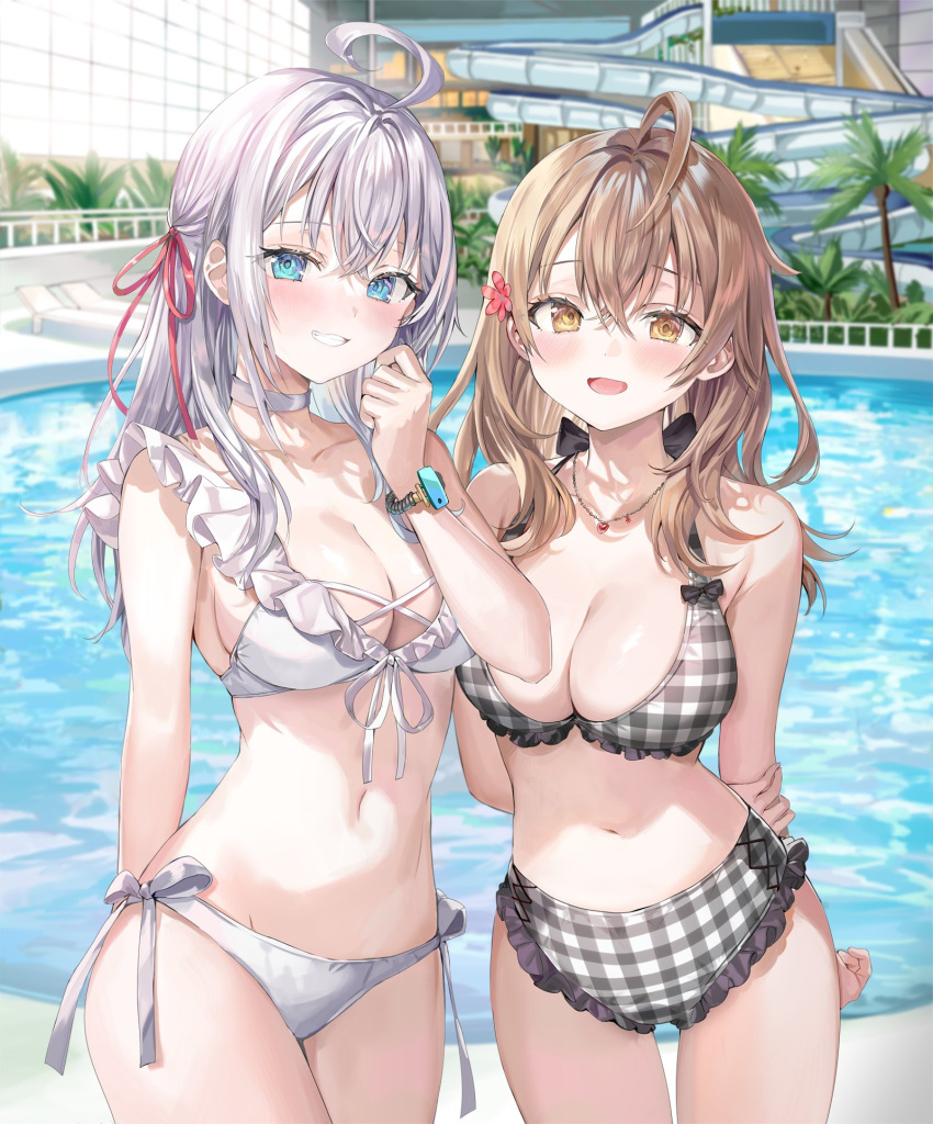 2girls alisa_mikhailovna_kujou arm_behind_back arms_behind_back bikini blue_eyes breasts brown_hair cleavage cover cover_image grey_hair grin hair_between_eyes hair_ribbon hand_up highres jewelry long_hair looking_at_viewer mariya_mikhailovna_kujou momoko_(momopoco) multiple_girls navel necklace novel_illustration official_art open_mouth outdoors pool ribbon siblings sisters smile standing stomach striped_bikini striped_clothes swimsuit teeth textless_version tokidoki_bosotto_roshia-go_de_dereru_tonari_no_alya-san white_bikini yellow_eyes