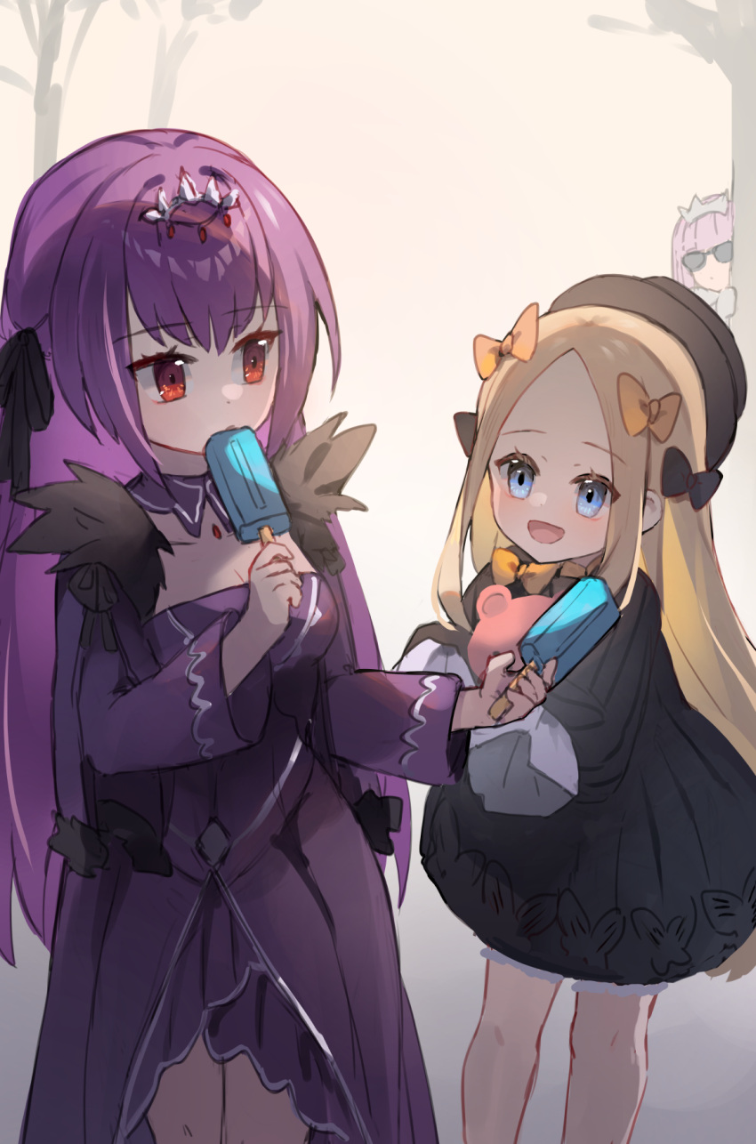 3girls abigail_williams_(fate) black_bow black_dress black_hat blonde_hair blue_eyes blush bow breasts cleavage commentary dress english_commentary fate/grand_order fate_(series) feet_out_of_frame food forehead gloves hairbow hand_up hat headpiece highres holding holding_food holding_popsicle hugging_object long_hair long_sleeves medb_(fate) medium_breasts miya_(miyaruta) multiple_girls orange_bow parted_bangs peeking_out pink_hair popsicle puffy_long_sleeves puffy_sleeves purple_dress purple_hair red_eyes scathach_(fate) scathach_skadi_(fate) sleeves_past_fingers sleeves_past_wrists standing stuffed_animal stuffed_toy sunglasses teddy_bear very_long_hair white_gloves wide_sleeves