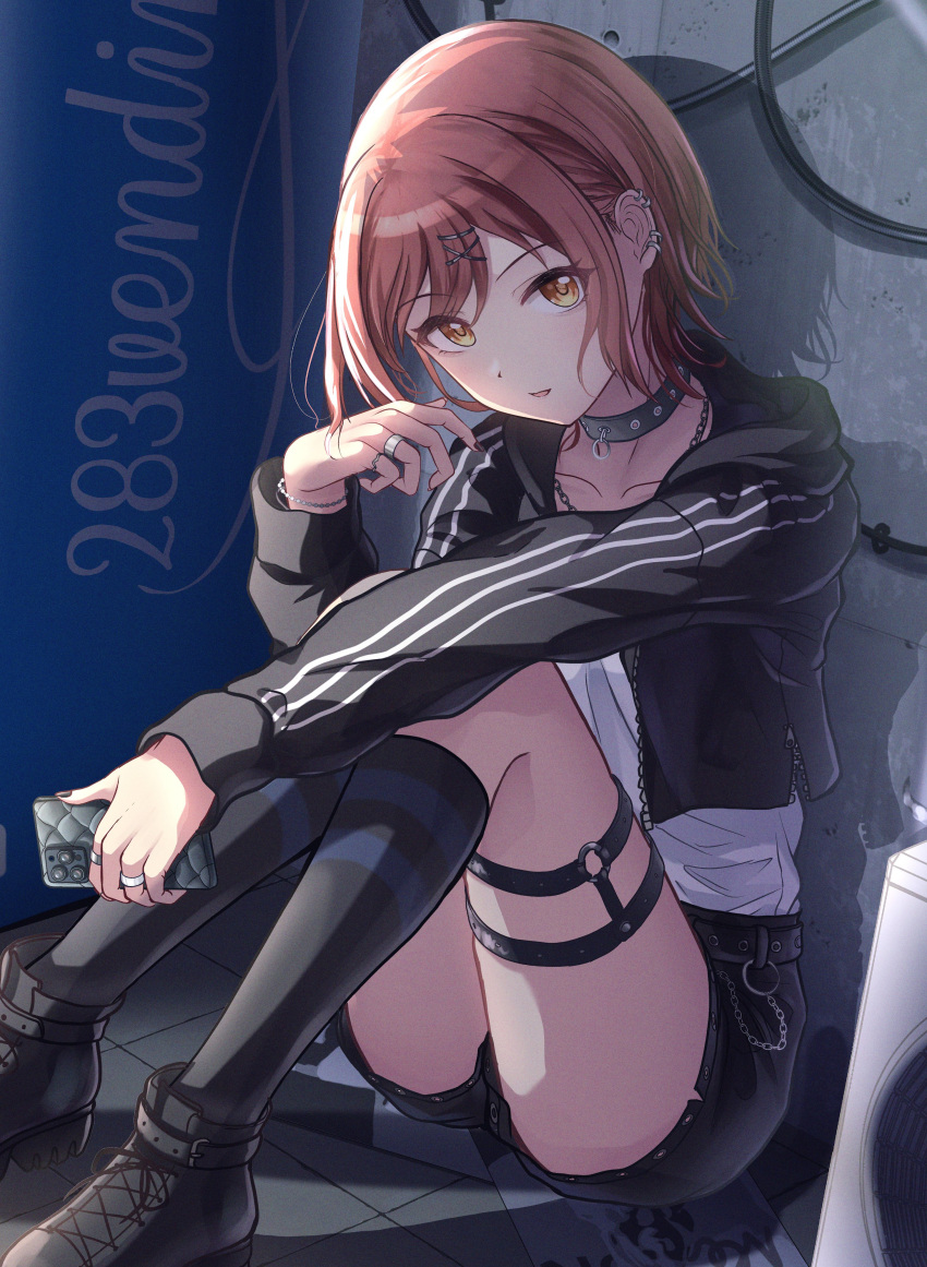 absurdres barbell_piercing black_choker black_jacket black_nails black_shorts black_socks blush bracelet cellphone choker citrusmikan collarbone cropped_jacket ear_piercing earrings female hair_ornament hairclip highres holding holding_phone hood hooded_track_jacket idolmaster idolmaster_shiny_colors industrial_piercing jacket jewelry kneehighs long_sleeves looking_at_viewer multiple_piercings nail_polish necklace o-ring o-ring_choker official_alternate_costume official_alternate_hair_length official_alternate_hairstyle open_clothes open_jacket open_mouth osaki_amana phone piercing pixie_cut red_hair ring shirt short_hair shorts sitting smartphone smile socks solo swept_bangs thigh_strap track_jacket white_shirt x_hair_ornament yellow_eyes