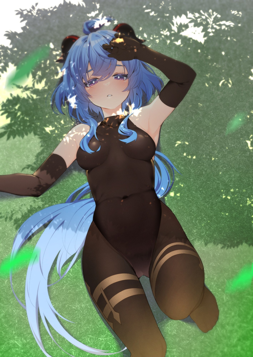 ahoge armpits arms_up ass_visible_through_thighs black_gloves black_leotard blue_hair blush bodystocking bodystocking_only breasts covered_navel elbow_gloves feet female ganyu_(genshin_impact) genshin_impact gloves grass hand_on_own_face highres horns jewelry knee_up leotard leotard_under_clothes long_hair looking_at_viewer lying medium_breasts nigo_(aozoragarou) no_shoes on_back outdoors pantyhose parted_lips purple_eyes sidelocks sleeveless solo thighlet thighs tree_shade