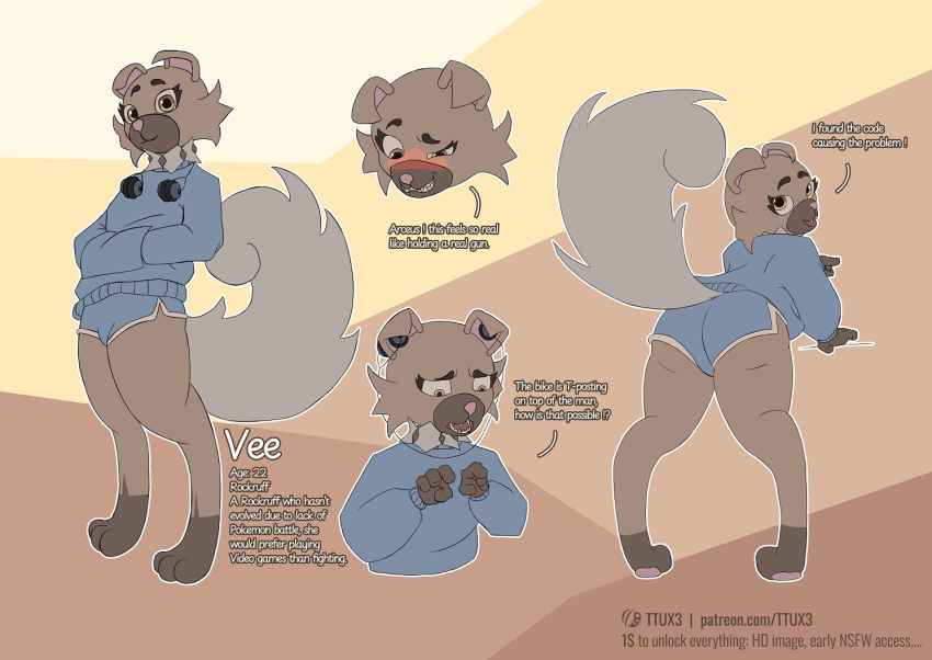 anthro blush bottomwear clothing colored dialogue electronics english_text female generation_7_pokemon headgear headphones hoodie looking_back nintendo pokemon pokemon_(species) rockruff shorts solo text topwear ttux3 vee_(ttux3) yellow_eyes