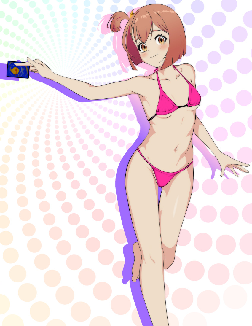 absurdres bikini bob_cut breasts brown_eyes brown_hair card duel_masters duel_masters_lost feet_out_of_frame female highres holding katori_niika one_side_up pink_bikini short_hair small_breasts solo swimsuit user_ekgc2882