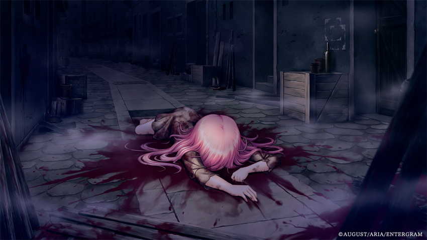 aiyoku_no_eustia barefoot bekkankou blood blood_on_clothes bottle brown_dress copyright_notice crate dark dirty dress eustia_astraea female fog long_hair lying official_art on_stomach pink_hair pool_of_blood solo