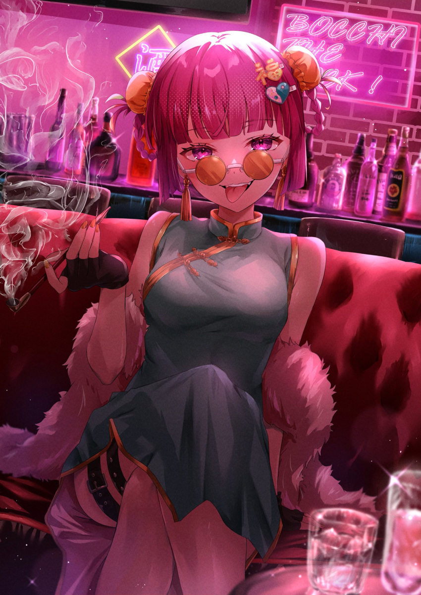 alcohol bar_(place) bocchi_the_rock! bottle braid braided_hair_rings breasts bun_cover china_dress chinese_clothes crossed_legs cup double_bun dress drinking_glass feather_boa female green_dress hair_bun hair_rings highres hiroi_kikuri indoors kikugawa_roku large_breasts liquor looking_at_viewer open_mouth purple_eyes red_hair round_eyewear side_slit sleeveless sleeveless_dress smile smoking_pipe solo stool thigh_strap tinted_eyewear tongue tongue_out