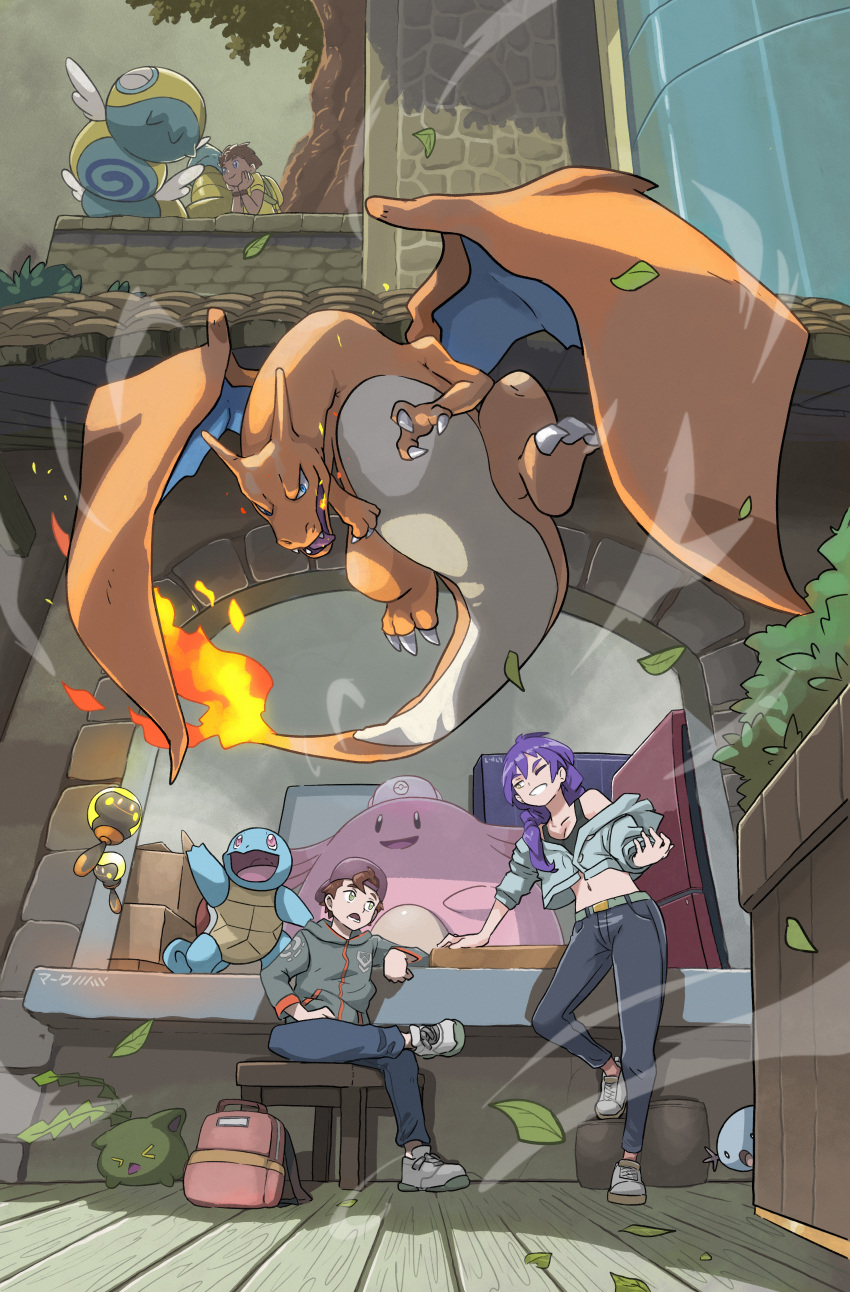 2boys absurdres arm_support backwards_hat baseball_cap black_pants black_shirt brown_hair building chansey charizard commentary crop_top cropped_shirt crossed_legs dudunsparce english_commentary eye_contact falling_leaves female fire green_eyes grey_footwear grey_hoodie hat head_rest highres hood hood_down hoodie hoppip leaf lolicon long_hair long_sleeves looking_at_another mark331 midriff multiple_boys navel off_shoulder on_stool one_eye_closed open_clothes open_mouth outdoors pants pokemon pokemon_(creature) purple_hair purple_hat shirt shoes short_hair sitting smile sneakers squirtle standing stone_wall stool tadbulb tree wind wooden_floor wooden_stool wooper yellow_eyes