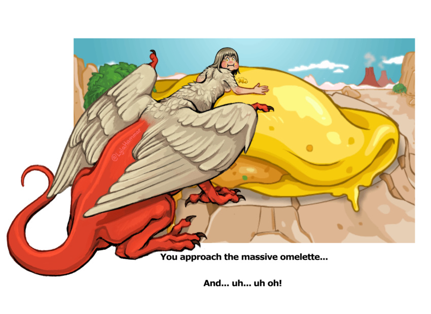 blonde_hair border breasts centauroid chimera claws commentary crossover dungeon_meshi english_commentary english_text falin_touden falin_touden_(chimera) feathered_wings feathers female food highres looking_at_viewer lylahammar monster_girl neopets omelet outdoors oversized_food oversized_object red_scales short_hair solo tail taur white_border white_feathers wide-eyed wings