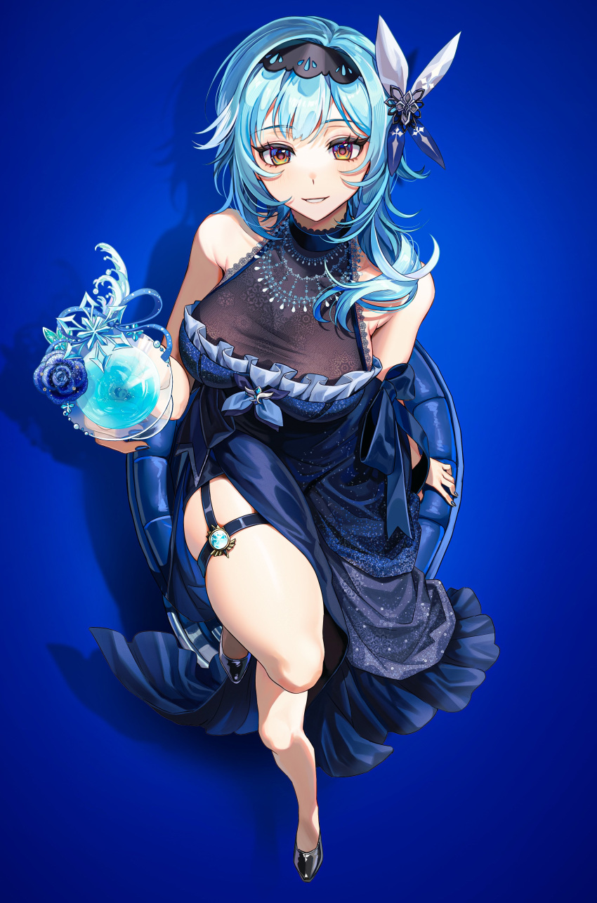 absurdres alternate_costume armpit_crease bare_shoulders black_footwear black_hairband blue_background blue_dress blue_hair blue_nails breasts clenched_teeth cup dress eula_(genshin_impact) female flower from_above genshin_impact grey_flower grey_rose hair_ornament hairband highres holding holding_cup large_breasts looking_at_viewer medium_hair on_chair open_mouth revision rose shibuki_kamone side_slit sitting solo teeth thigh_strap thighs variant_set vision_(genshin_impact) yellow_eyes