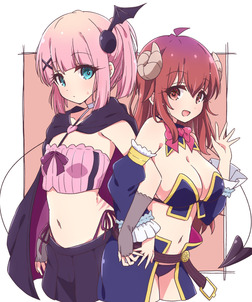 2girls :d black_cape blue_eyes blue_sleeves bow bowtie breasts brown_horns cape chiyoda_momo cleavage closed_mouth commentary_request crisis_management_form_(machimazo) curled_horns demon_girl demon_horns demon_tail detached_sleeves hair_ornament highres horns large_breasts long_hair looking_at_viewer machikado_mazoku mel_(melty_pot) midriff multiple_girls navel open_mouth pink_bow pink_bowtie pink_hair red_background red_hair small_breasts smile tail two-tone_background white_background x_hair_ornament yoshida_yuuko_(machikado_mazoku)