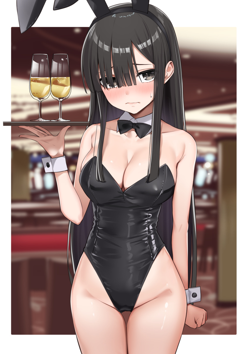 animal_ears bare_legs black_bow black_bowtie black_eyes black_hair black_leotard bow bowtie breasts casino date_a_live detached_collar drink hair_over_eyes hair_over_one_eye hcstyrus_ii highres holding large_breasts leotard long_bangs playboy_bunny rabbit_ears shiizaki_hinako strapless strapless_leotard thigh_gap tray wrist_cuffs