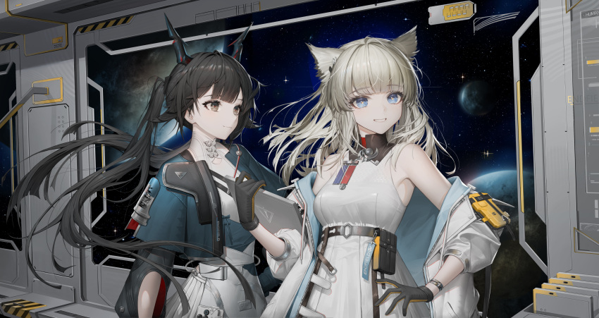 2girls absurdres animal_ears arknights arknights:_endfield bird_ears black_eyes black_gloves black_hair blue_eyes blue_jacket breasts chen_qianyu_(arknights) dragon_girl dragon_horns dress gloves grey_hair hair_ornament hand_on_own_hip highres horns jacket long_hair looking_at_viewer multiple_girls off_shoulder open_clothes open_jacket parted_lips perlica_(arknights) revision skirt sleeveless sleeveless_dress small_breasts smile soho_(user_dphk5745) space spacecraft_interior twintails white_dress white_jacket white_skirt