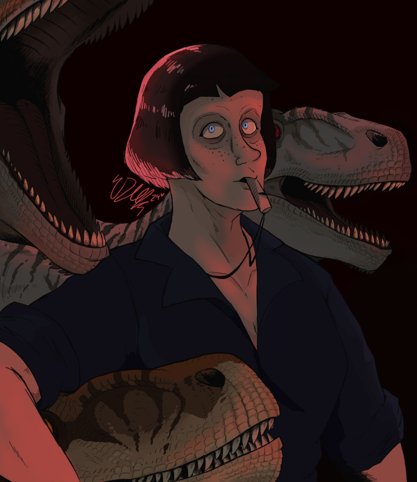 atrociraptor atrociraptor_handler black_background blue_eyes clothed clothing creepy dead_eyes dinosaur dromaeosaurid female feral freckled_face freckles ghost_(jurassic_world_dominion) group hair hi_res human jurassic_park jurassic_world jurassicjuan mammal open_mouth prehistoric_species red_eyes reptile rolled_up_sleeves scales scalie sharp_teeth signature simple_background size_difference striped_body stripes teeth theropod tiger_(atrociraptor) trainer universal_studios whistle_(object) whistle_around_neck whistle_in_mouth