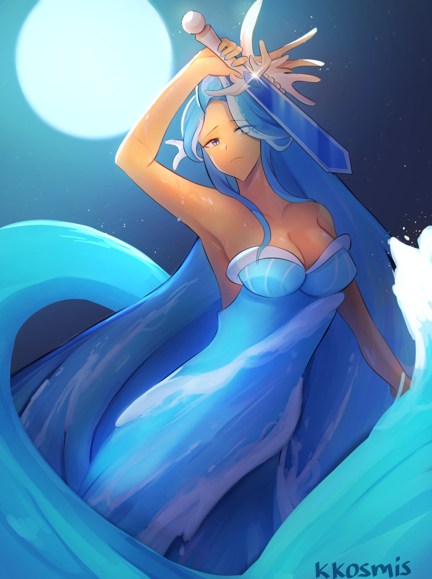 absurdres blue_dress blue_eyes blue_hair blue_theme breasts cleavage cookie_run coral coral_hair_ornament dark-skinned_female dark_skin dress female gem hair_ornament highres holding holding_sword holding_weapon humanization kosmis large_breasts liquid_clothes liquid_hair long_hair looking_at_viewer pearl_(gemstone) pearl_hair_ornament sea_fairy_cookie solo strapless strapless_dress sword tan very_long_hair water water_dress weapon