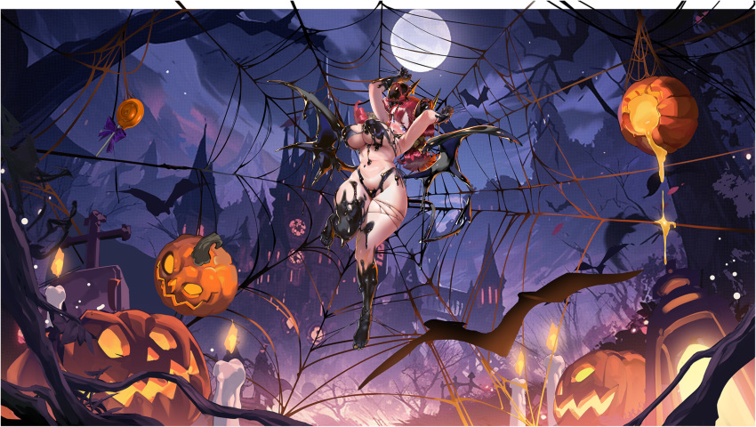 absurdres animal armpits arms_behind_head arms_up azur_lane bare_tree bat_(animal) belly bikini black_bikini blue_eyes blush border bound breasts building candle candlelight castle cephalopod_eyes cloud cross curvy demon_girl demon_horns demon_tail demon_wings female fire full_body full_moon graveyard groin halloween halloween_costume highres horns ink jack-o'-lantern lantern large_breasts long_hair low_wings moon navel night night_sky non-web_source official_alternate_costume official_art open_mouth outdoors plump pointy_ears portsmouth_adventure_(adventurous_surprise)_(azur_lane) portsmouth_adventure_(azur_lane) pumpkin red_hair restrained revealing_clothes side-tie_bikini_bottom silk skindentation sky solo spider_web stomach swimsuit tail thick_thighs thighs tombstone tongue tower tree underboob wavy_mouth wide_hips wings