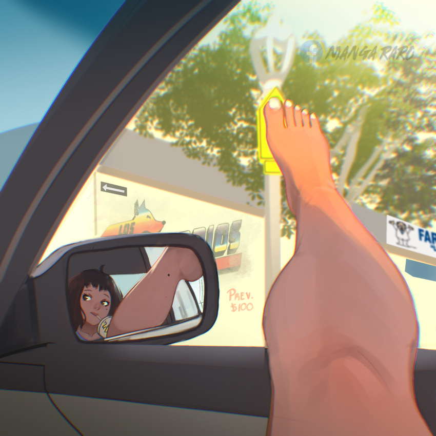 barefoot car_interior commentary day drinking facebook_logo facebook_username feet female female_pov highres legs looking_to_the_side mirror mole mole_on_leg mole_under_eye nail_polish original pov pov_legs side-view_mirror solo spanish_commentary takedart toenail_polish toenails white_nails