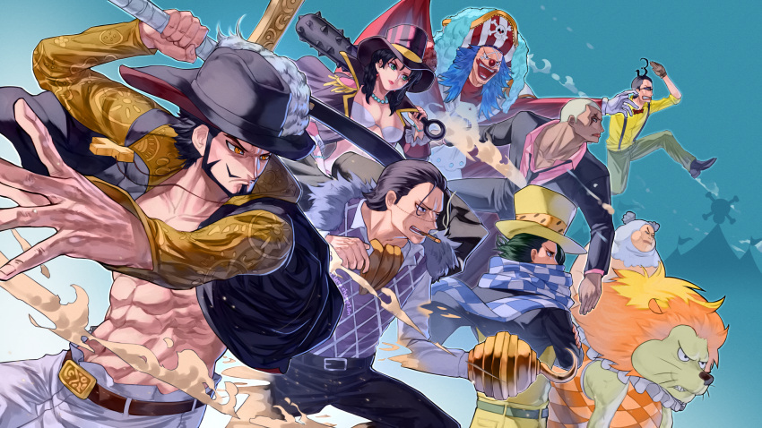 6+boys abs alvida_(one_piece) beard black_hair blue_eyes blue_hair breasts buggy_the_clown cabaji cigar clown_nose club_(weapon) crocodile_(one_piece) cross_pendant daz_bones dracule_mihawk facial_hair female flamechamp10n galdino group_picture hat highres holding holding_sword holding_weapon hook_hand jacket jewelry lion medium_breasts medium_hair mohji moustache multiple_boys necklace one_piece open_clothes open_jacket pants pearl_necklace richie_(one_piece) scar scar_on_face short_hair spiked_club sword top_hat weapon white_pants yellow_eyes yoru_(sword)