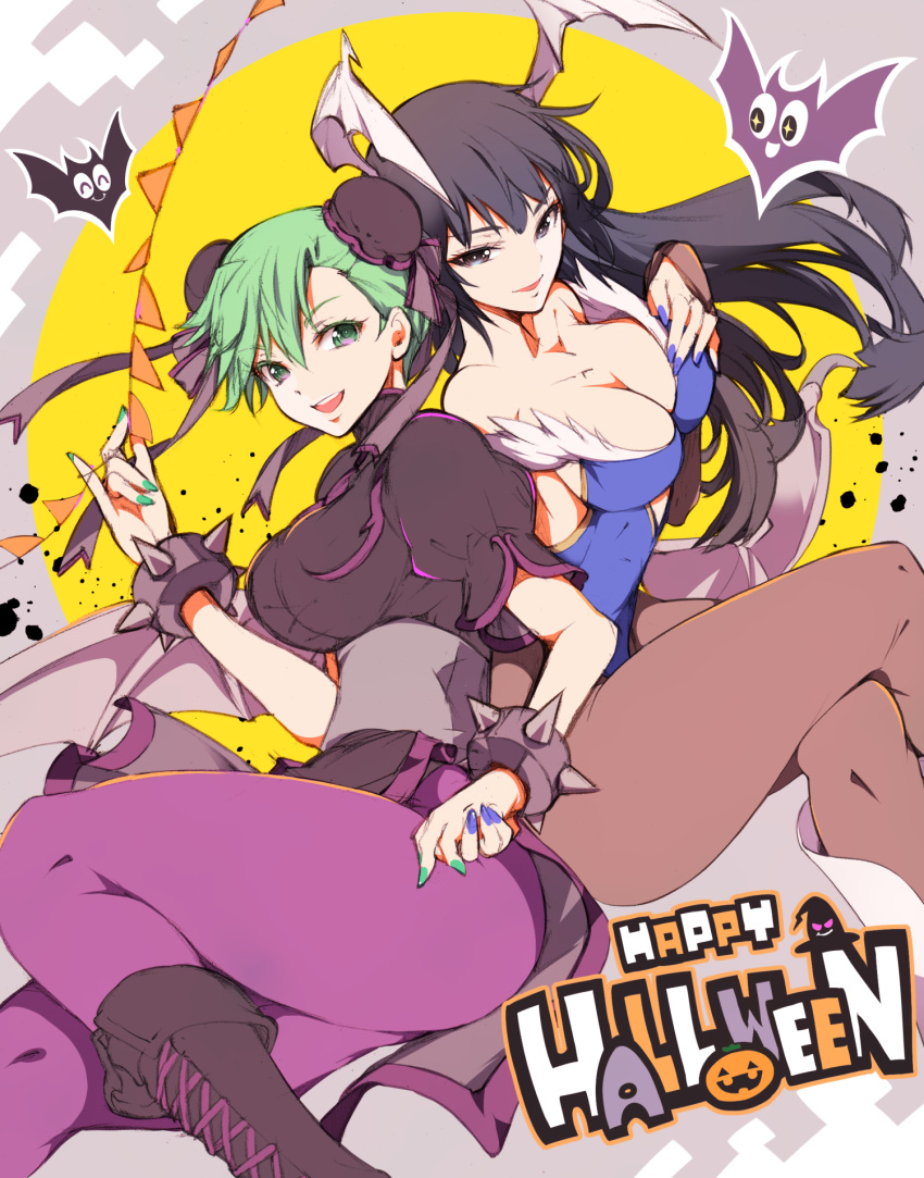 2girls alternate_hairstyle bat_(animal) blue_leotard blue_nails bracelet bridal_gauntlets chun-li chun-li_(cosplay) color_switch cosplay costume_switch crossed_legs darkstalkers double_bun full_moon green_eyes green_hair green_nails hair_bun hairstyle_switch halloween head_wings highres ichizen_(o_tori) jewelry leotard moon morrigan_aensland morrigan_aensland_(cosplay) multiple_girls pantyhose purple_pantyhose smile spiked_bracelet spikes strapless strapless_leotard street_fighter street_fighter_6 thighs wings