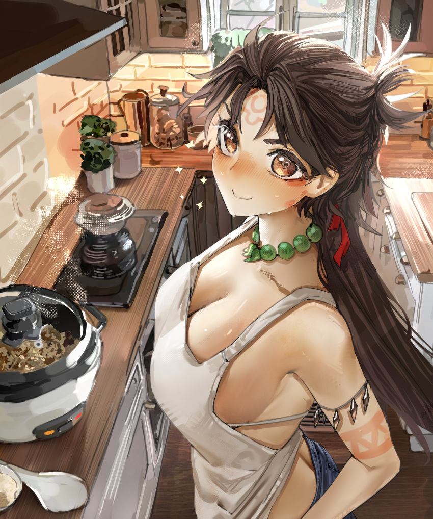 absurdres apron bare_shoulders blush body_markings breasts brown_eyes brown_hair cleavage facial_mark fate/grand_order fate_(series) female forehead_mark highres himiko_(fate) himiko_(first_ascension)_(fate) jewelry large_breasts long_hair looking_at_viewer magatama magatama_necklace necklace obazzotto sideboob smile solo white_apron